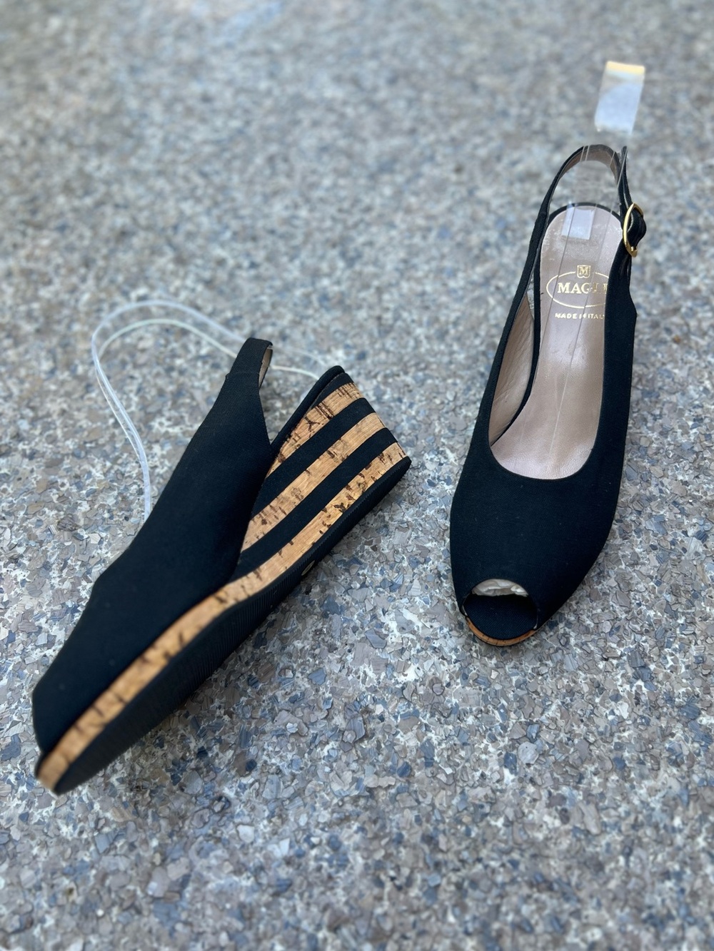 BRUNO MAGLI Italian Black Cork Wedge Peep-Toe Slingback